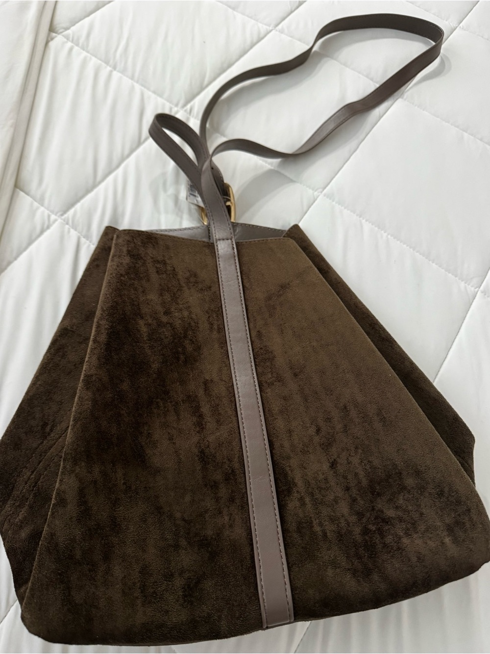 Old Navy Dark Brown Suede Bucket Shoulder Bag with Gold Buckle - Picture 2 of 6